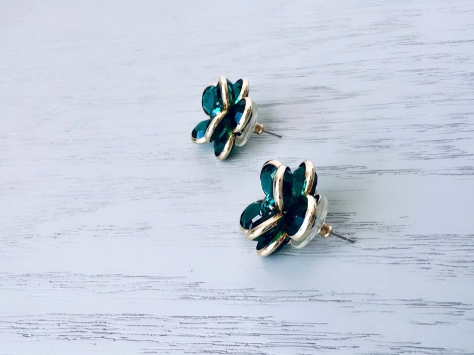 Vintage Emerald Statement Earrings, Deep Green Crystal Earrings, Double Layer Glass Flower Earrings, OOAK Floral Rhinestone Cocktail Earring
