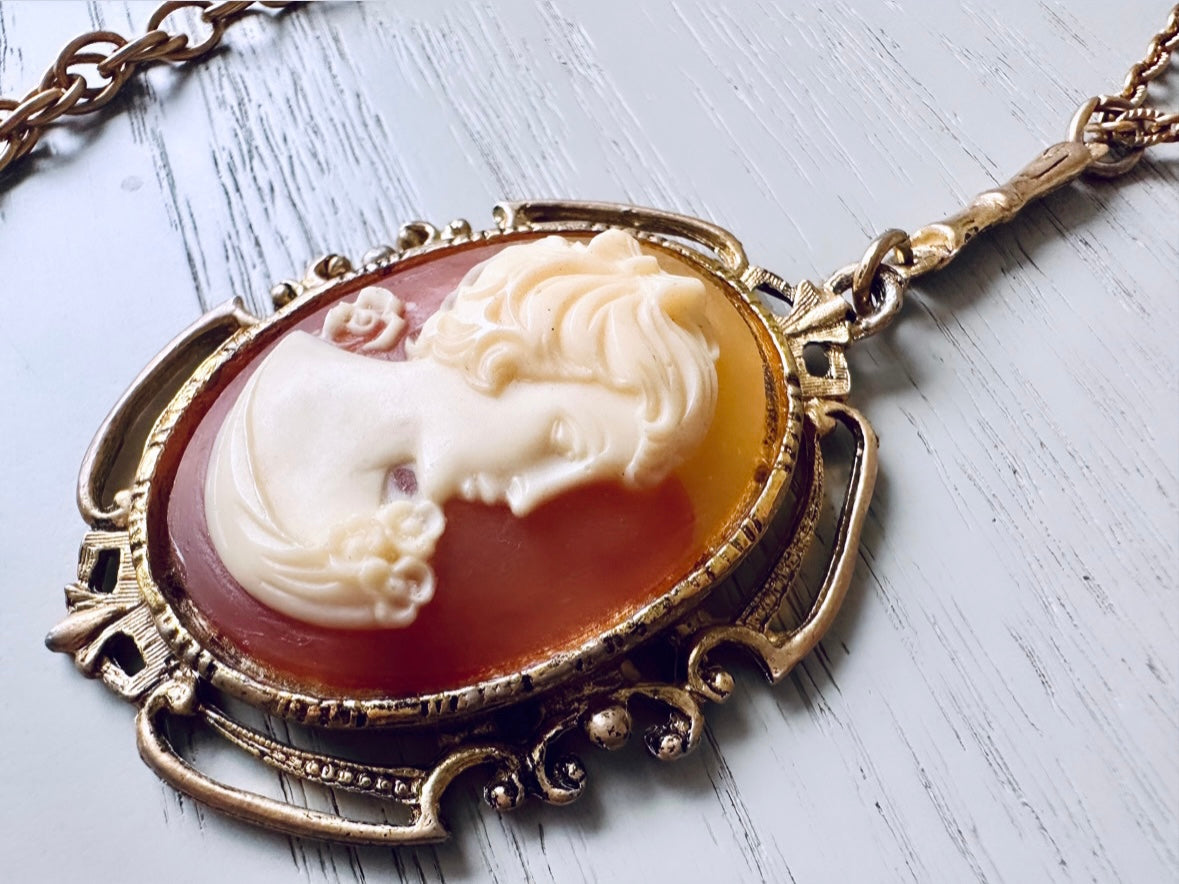 Vintage Cameo Necklace, Extravagant Double Chain Antique Gold Victorian Necklace, Large Peach Ivory Cameo Statement Necklace