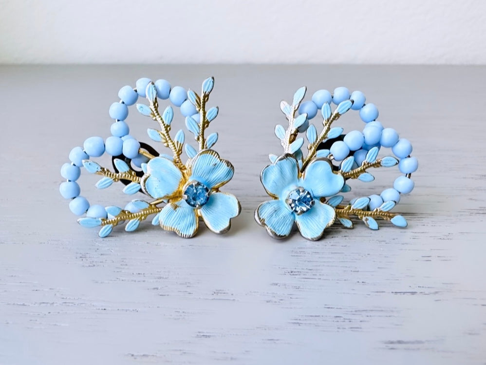 1960's Baby Blue Vintage Earrings, Light Blue Beaded Rhinestone and Enamel Earrings, Vintage 1960's Bridal Blue Flower Leaf Clip On Earrings