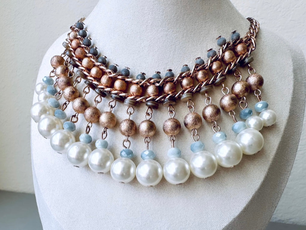 Pearl Statement Necklace, Beaded Bib Necklace in Blue Bronze and Cream, Unique Vintage Beaded Necklace