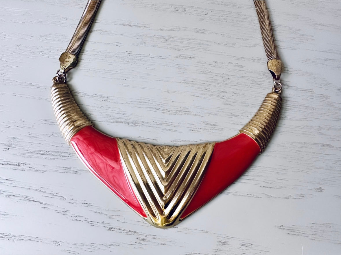 Vintage 80s Gold & Red Enamel Choker Necklace, Pearlized Enameled Necklace, Retro Gold Collar Necklace, 80's Geometric Bar Necklace