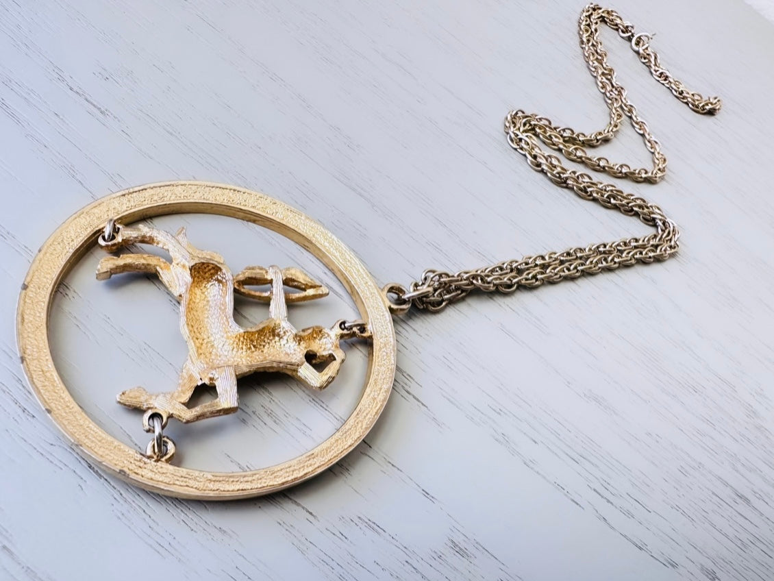 Vintage Sagittarius Zodiac Necklace, Star Sign Astrology Necklace, Unique Birthday Necklace, 30" Long Gold Vintage Astrology Pendant