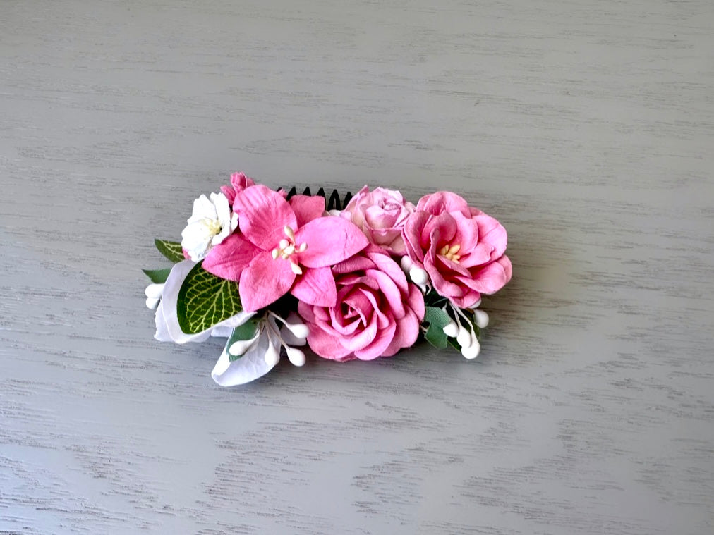 Pink Flower Hair Comb, Floral Wedding Comb, Ethereal Woodland Bride, Boho Fairy Flower Comb, Botanical Handmade Paper Flower Hair Piece OOAK