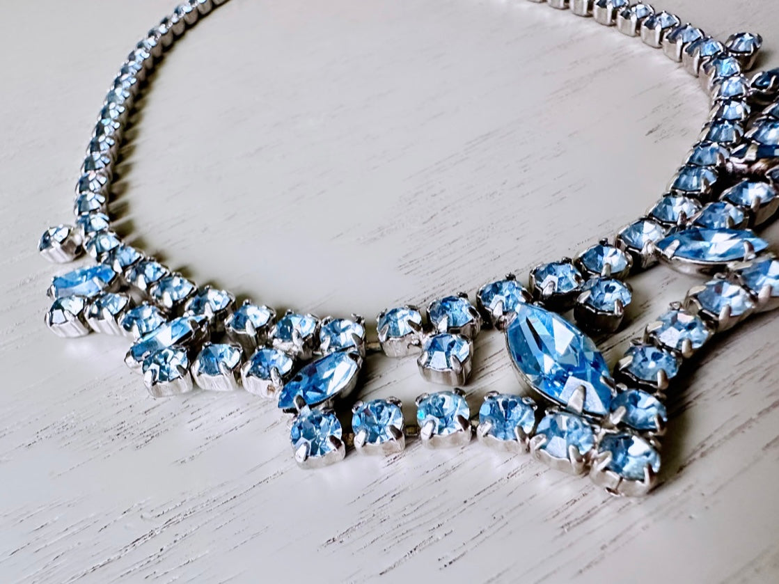 Vintage Blue Rhinestone Choker Necklace, Sapphire + Silver 1960s Vintage Necklace, Beautiful Draped Choker with Prong Set Sparkling Crystals