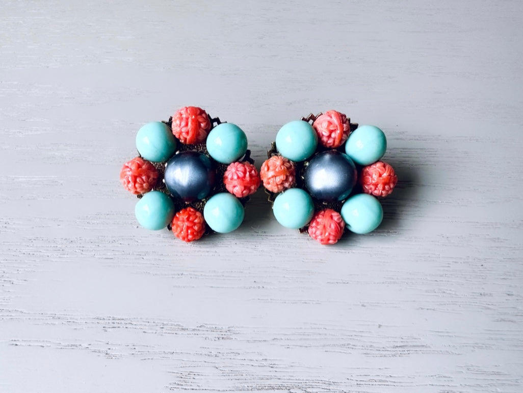 Colorful 60s Mod Earrings, Rare Signed Freirich Beaded Cluster Earrings, Coral and Turquoise Statement Earrings, 1960s Clip On Earrings