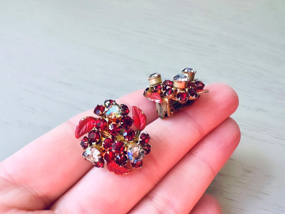 Red Vintage WEISS Rhinestone Earrings, Vintage 1960's Crystal Flower Clip On Earrings, Deep Red Crystal and Red Enamel Leaves