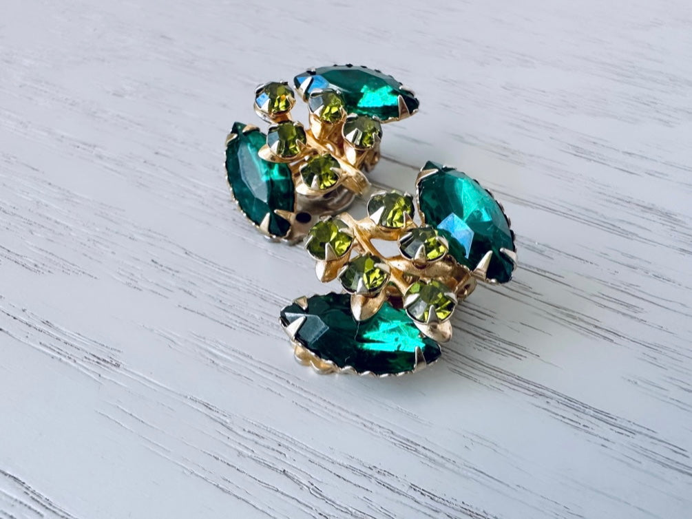 Emerald and Olive Vintage Rhinestone Earrings, Vintage 1960's Emerald Crystal Clip On Earrings, Unique Shape Marquis Navette Glam Jewelry