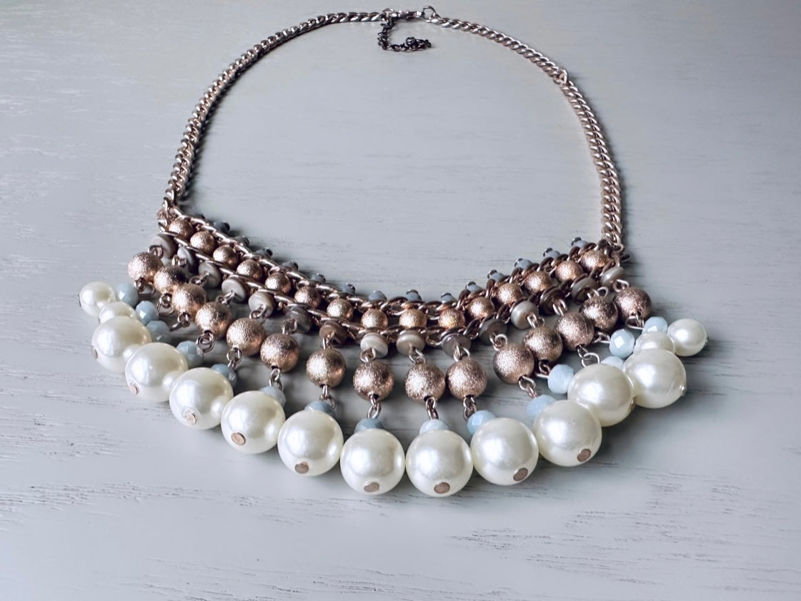 Pearl Statement Necklace, Beaded Bib Necklace in Blue Bronze and Cream, Unique Vintage Beaded Necklace