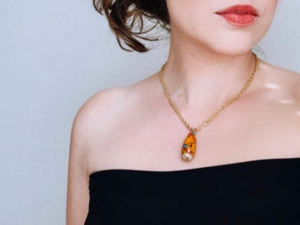 Colorful Mosaic Vintage Teardrop Drop Pendant Necklace, 18" Gold Necklace, Layering Necklace, Orange Blue Mottled Charm Necklace with Hook