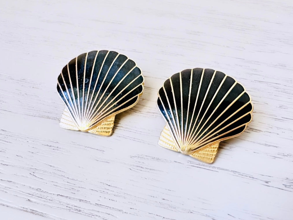 Vintage black and gold enamel clip on shell earrings from Piggle and Pop