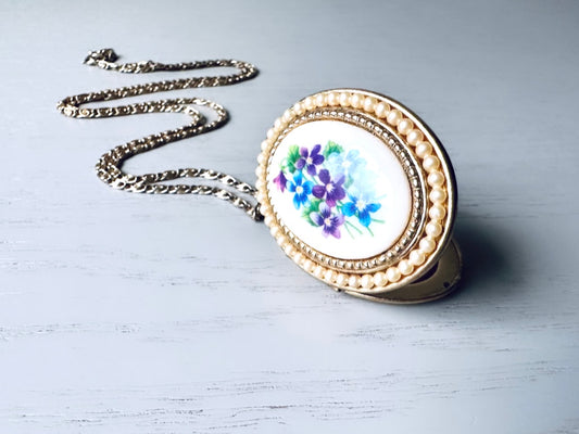 Porcelain Locket with Pearls & Purple Flowers, Pretty Vintage Avon Sweet Violets Locket Necklace with Original Chain Romantic Keepsake Gift