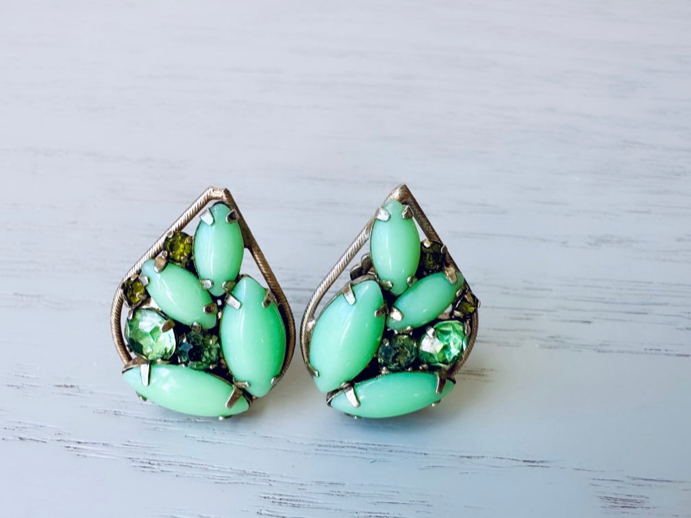 Rare Mint Green Milk Glass+ Peridot + Olivine Rhinestone Earrings, Vintage WEISS  Earrings, Gorgeous 1960's Crystal Clip On Earrings