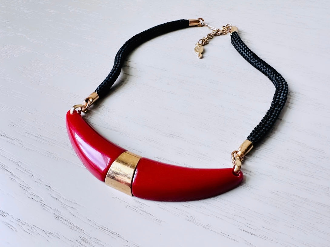 Vintage 70s New Yorker Necklace,  Red and Gold Necklace with Black Cord, 1976 Vintage, Sarah Coventry Vintage Necklace