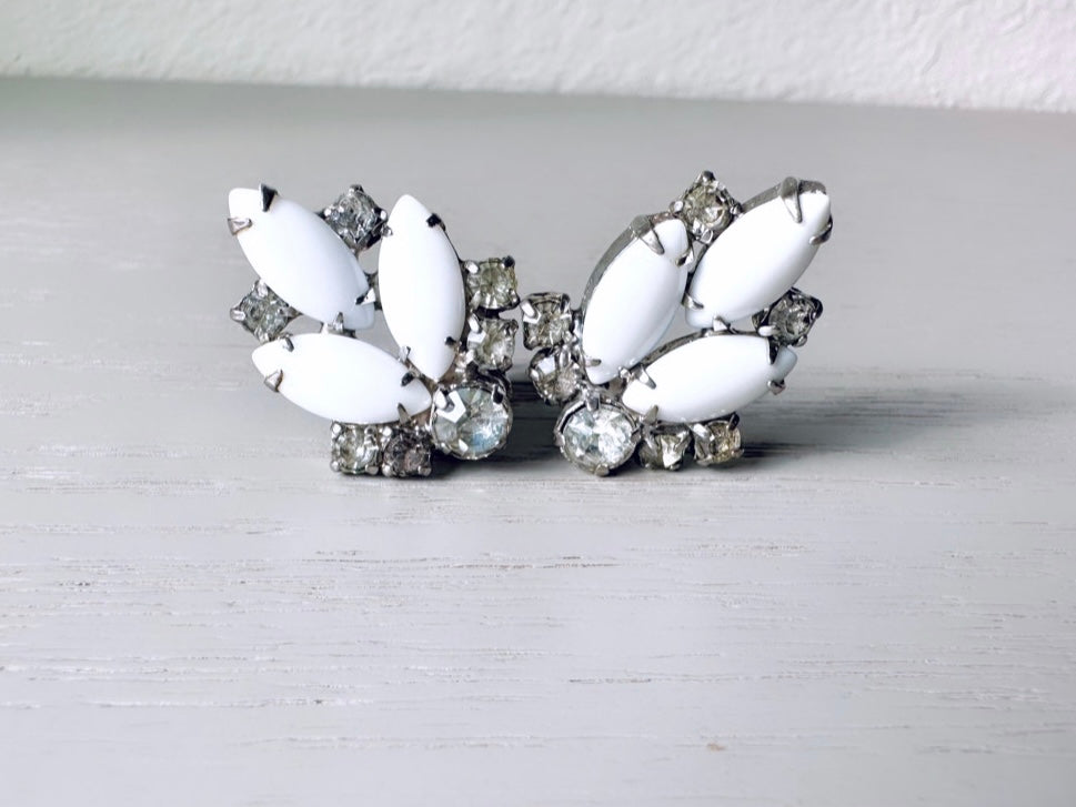 1950s Vintage Milk Glass Earrings, Diamond Rhinestone Clip on Earrings by Piggle and Pop