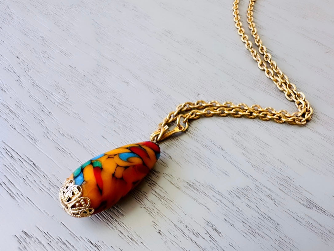 Colorful Mosaic Vintage Teardrop Drop Pendant Necklace, 18" Gold Necklace, Layering Necklace, Orange Blue Mottled Charm Necklace with Hook