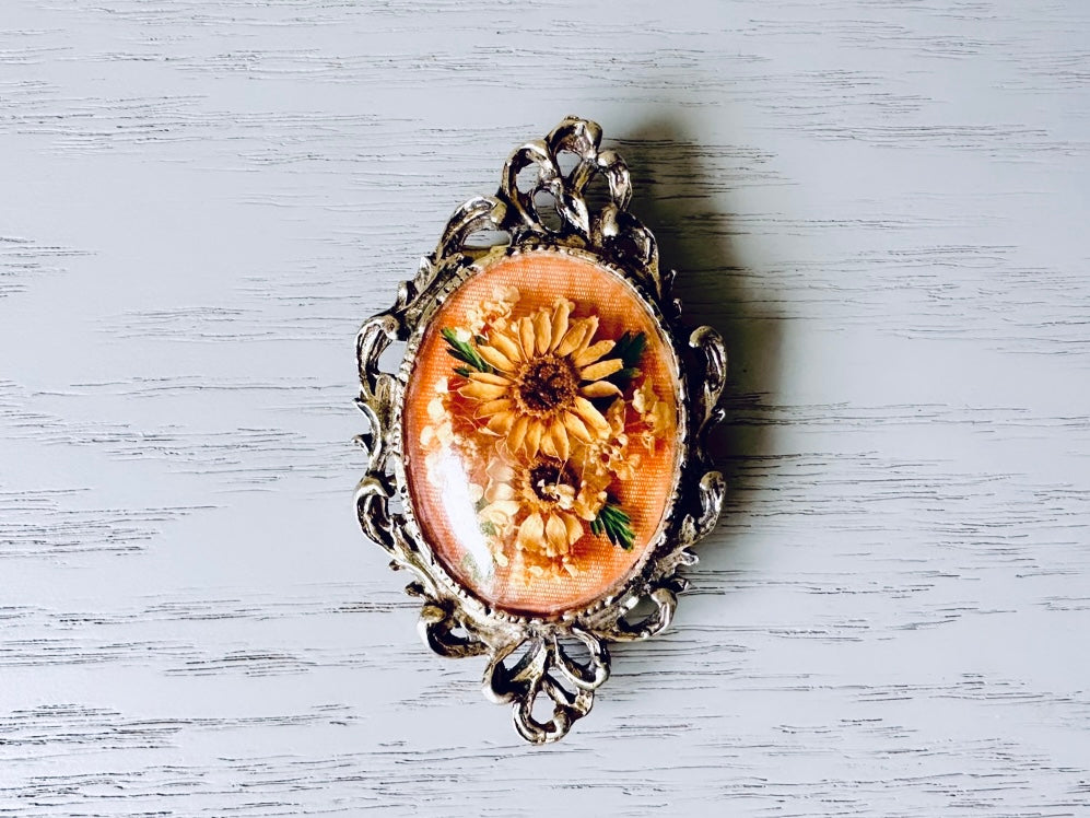 Vintage Dried Flower Brooch, Orange and Peach Floral Pin in Antique Bronze, Pretty Victorian Style Jewelry, Large Dry Floral Cameo Pin