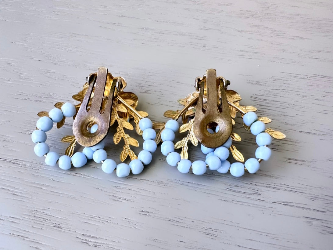 1960's Baby Blue Vintage Earrings, Light Blue Beaded Rhinestone and Enamel Earrings, Vintage 1960's Bridal Blue Flower Leaf Clip On Earrings