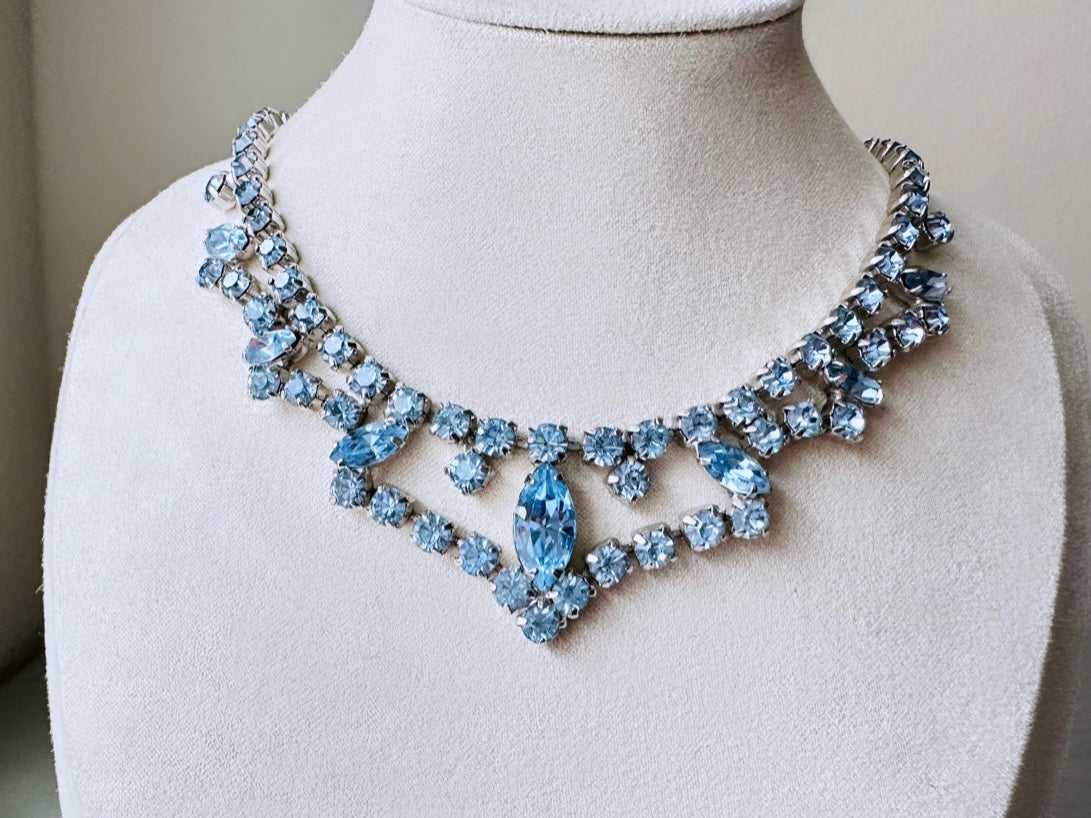 Vintage Blue Rhinestone Choker Necklace, Sapphire + Silver 1960s Vintage Necklace, Beautiful Draped Choker with Prong Set Sparkling Crystals