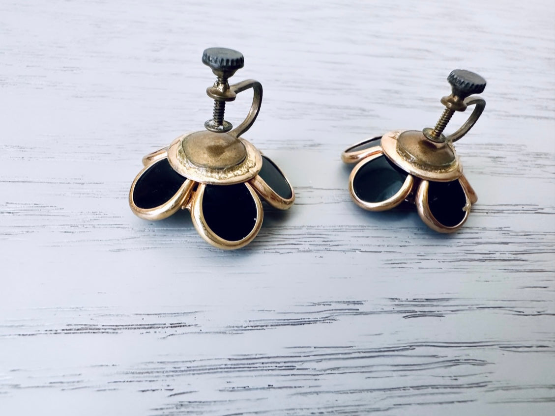Rhinestone Flower Earrings, Gold Set Earrings with Black Enamel & Diamond Centers, Vintage Earrings, Screwback Earrings for Nonpierced Ears