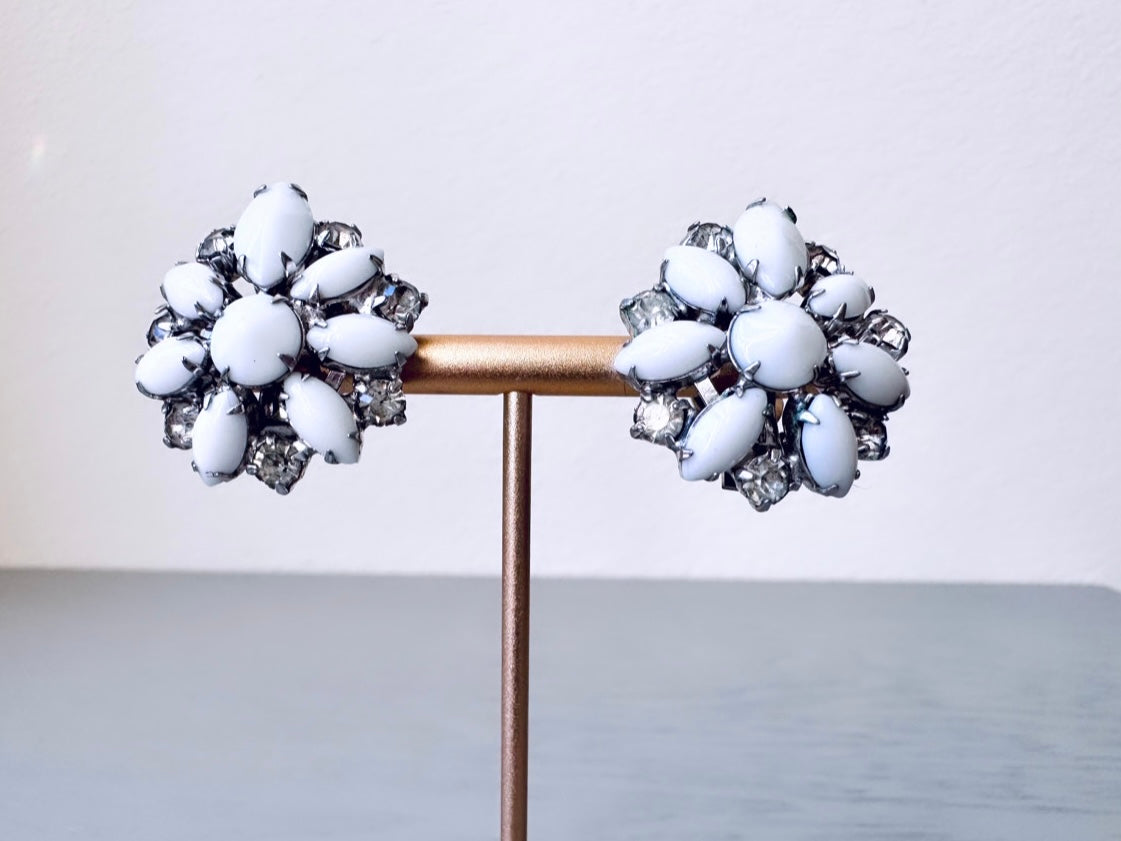 Navette Milk Glass Earrings, 1960s Vintage Earrings, Dramatic White & Silver Bridal Clip-on Earrings, 60s Bejeweled Statement Earrings