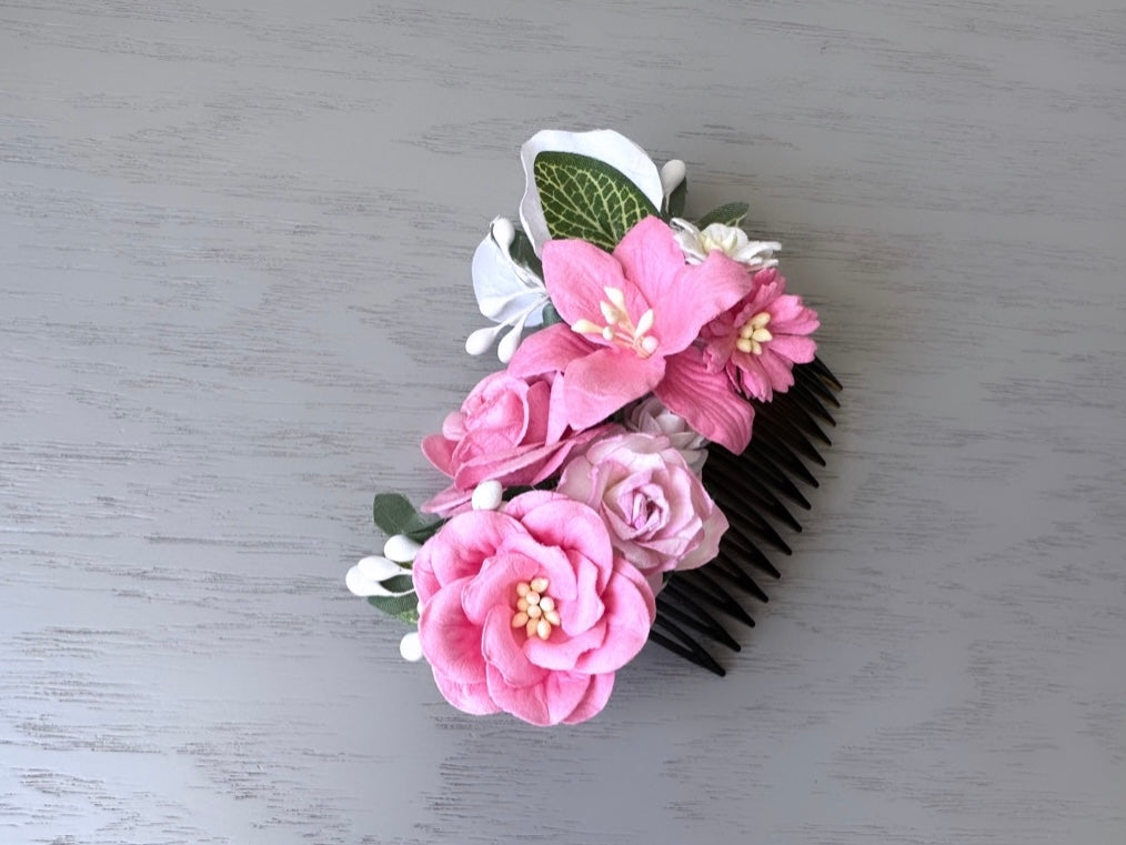 Pink Flower Hair Comb, Floral Wedding Comb, Ethereal Woodland Bride, Boho Fairy Flower Comb, Botanical Handmade Paper Flower Hair Piece OOAK