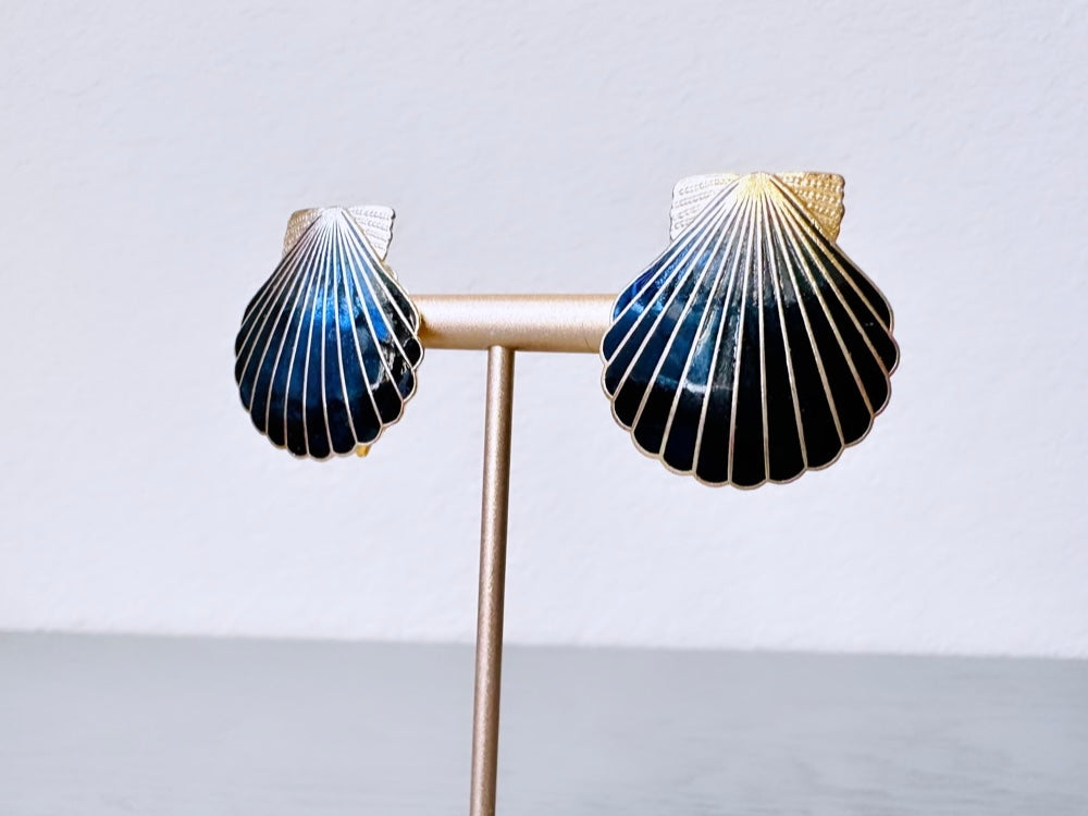 Vintage black and gold enamel clip on shell earrings from Piggle and Pop