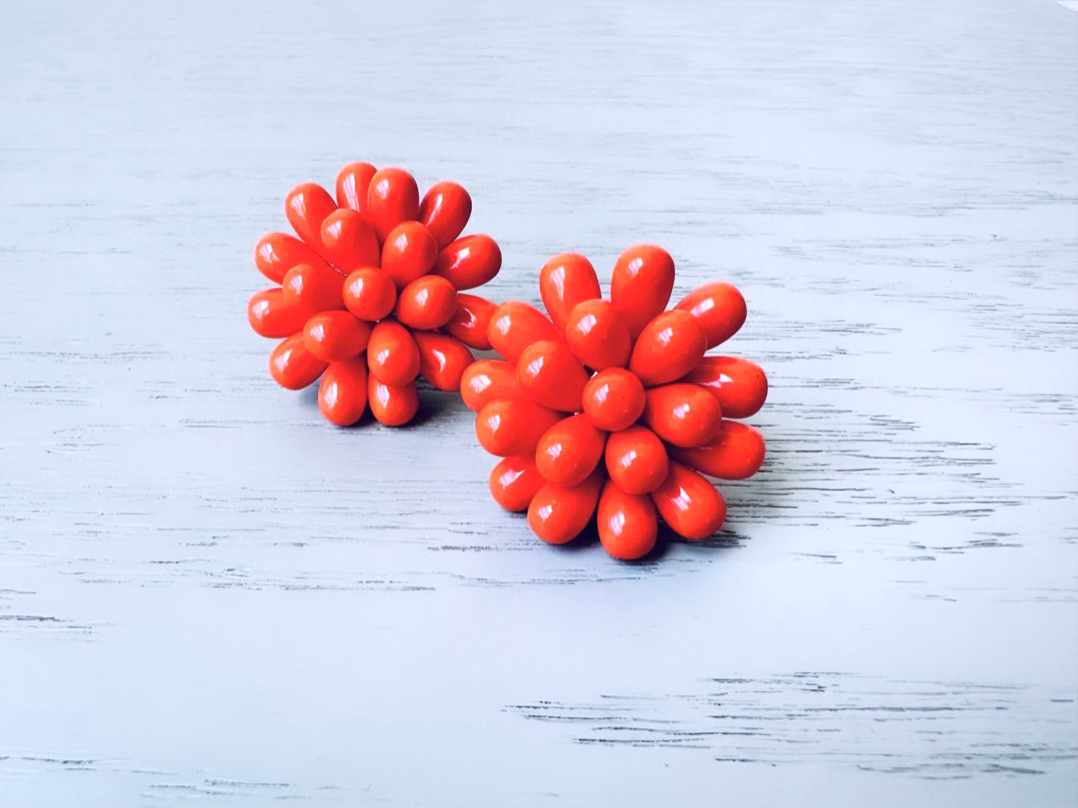 Bright Orange Beaded Vintage Earrings, Vintage Pierced Earrings , Orange Acrylic Bead Cluster Button Style Drop 1 1/8", Fun Pom Pom Earring