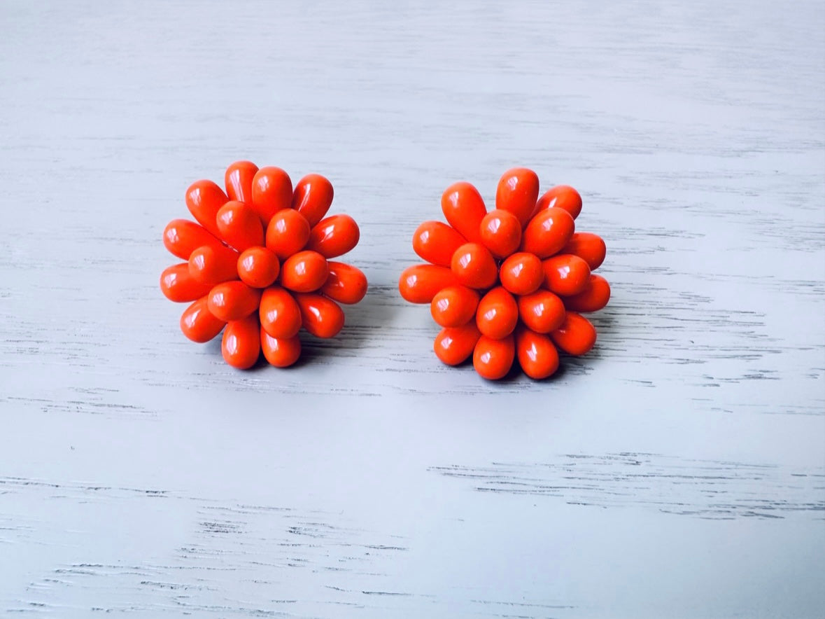 Bright Orange Beaded Vintage Earrings, Vintage Pierced Earrings , Orange Acrylic Bead Cluster Button Style Drop 1 1/8", Fun Pom Pom Earring