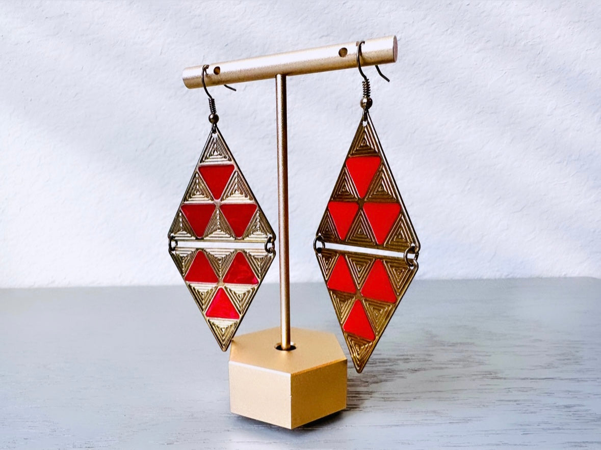 Red and Gold Geometric Hinged Statement Earrings, Pierced Vintage Dangle Earrings, Diamond Triangle Gold tone Red Enamel 1970's Earrings