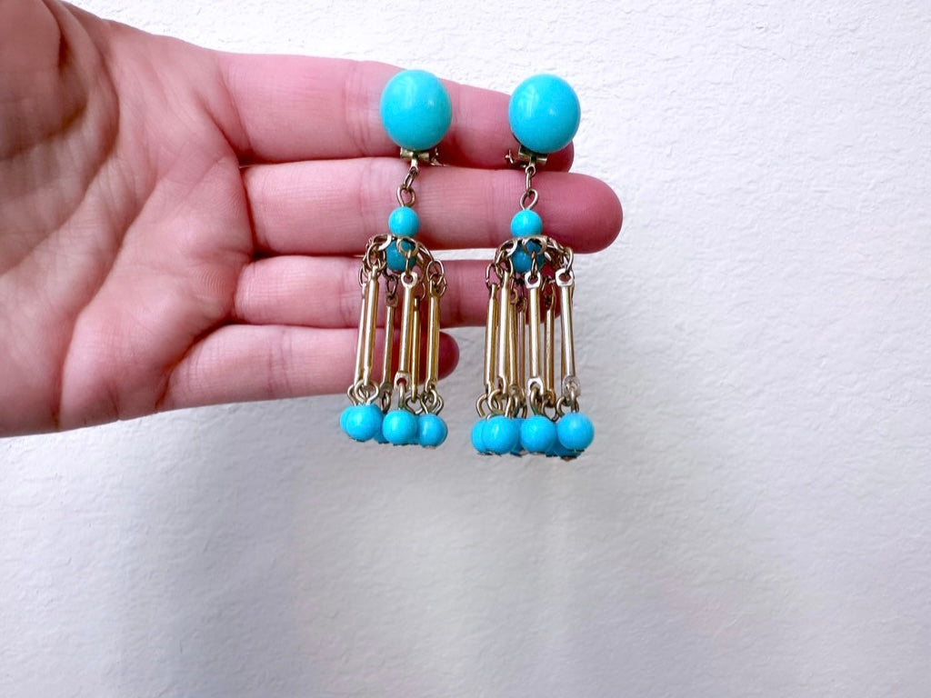 Vintage Turquoise Earrings, Mod 60s Earrings, Funky Blue Retro Earrings, Geometric Chandelier Vintage Dangle Earrings, 1960s Clip Ons