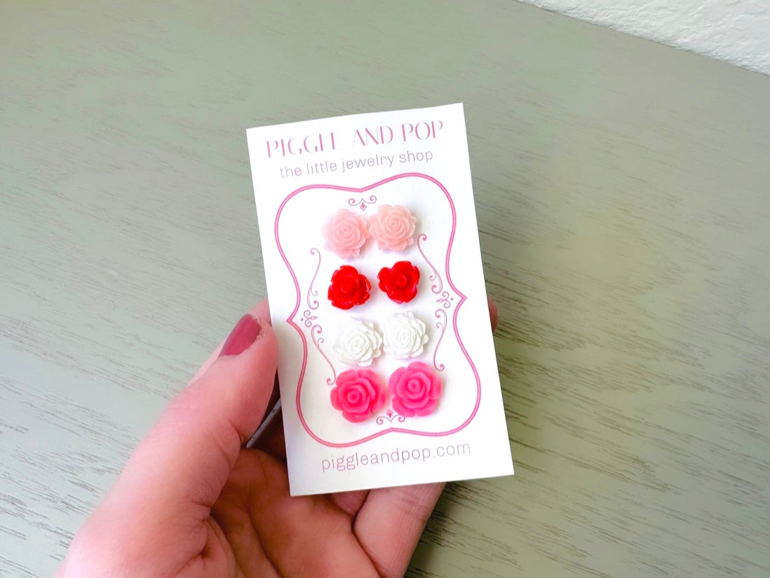 Valentine Earrings Gift Set in Blush Pink, White, Red and Bubblegum Pink, Floral Post Earring, 4 Pairs Hypoallergenic Resin Flower Earrings