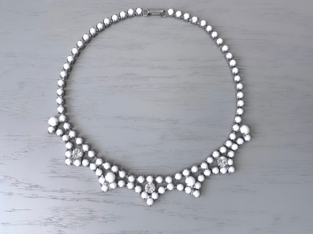 Milk Glass Choker Necklace, 1960s Vintage Necklace, Elegant White and Silver Dainty Bridal Choker with Milk Glass and Diamond Rhinestones