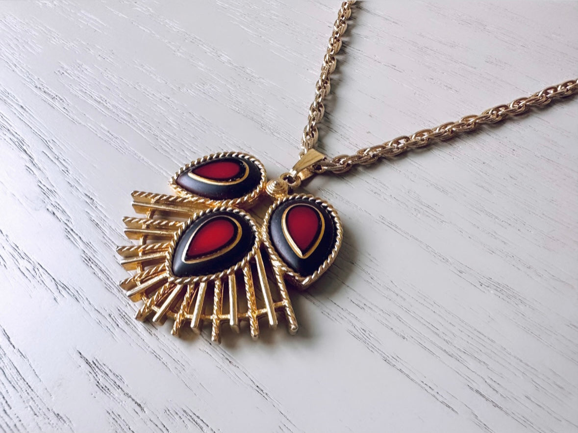 Rare Sarah Coventry Necklace, Red Black and Gold 1973 Dynasty Necklace, Vintage Gold Pendant Statement Necklace, Unique 70s Gold Necklace