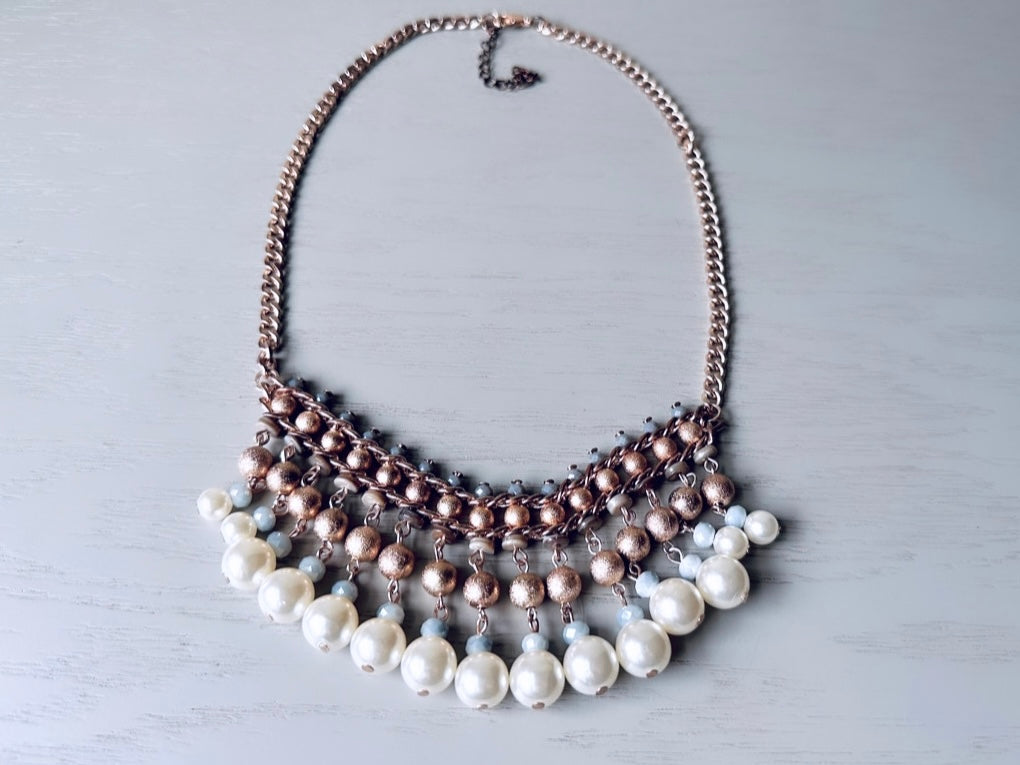 Pearl Statement Necklace, Beaded Bib Necklace in Blue Bronze and Cream, Unique Vintage Beaded Necklace