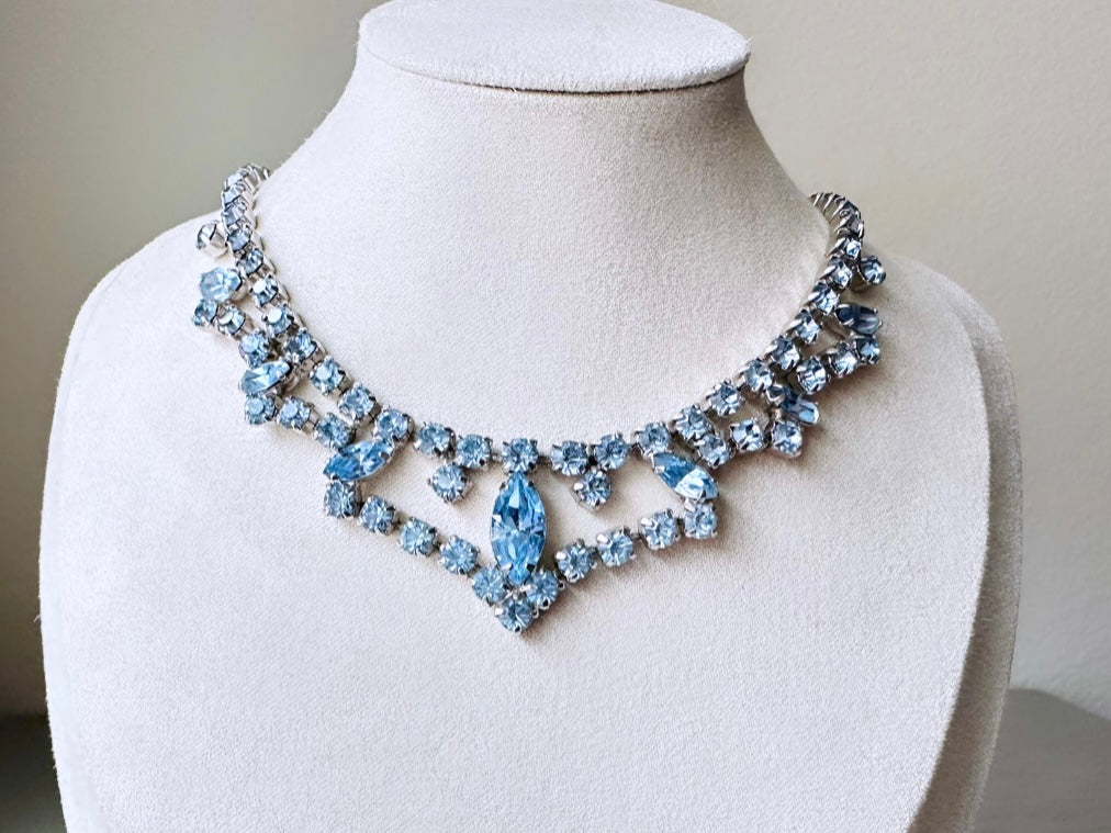 Vintage Blue Rhinestone Choker Necklace, Sapphire + Silver 1960s Vintage Necklace, Beautiful Draped Choker with Prong Set Sparkling Crystals