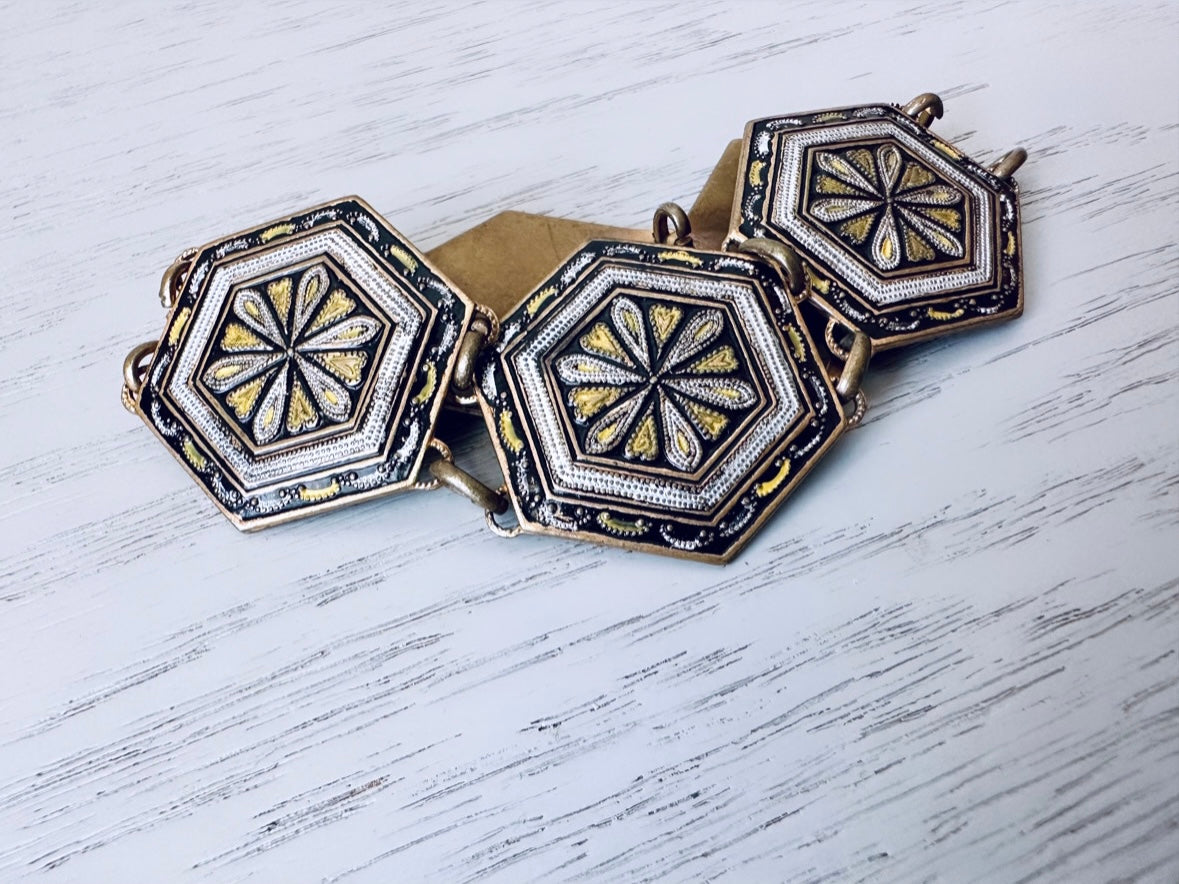 Vintage 1960s Damascene Style Bracelet,  Geometric Hexagon Link Bracelet, Brass Black Silver Gold Enamel Painted Vintage 1960s Jewelry