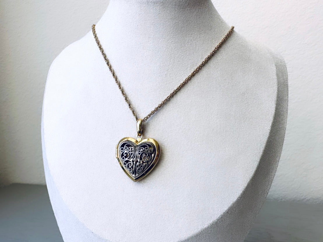 Vintage Filigree Heart Locket Necklace, Gold Heart Necklace with Silver Filigree, Antique Gold Locket, 18" Chain, Valentine's Day Gifts
