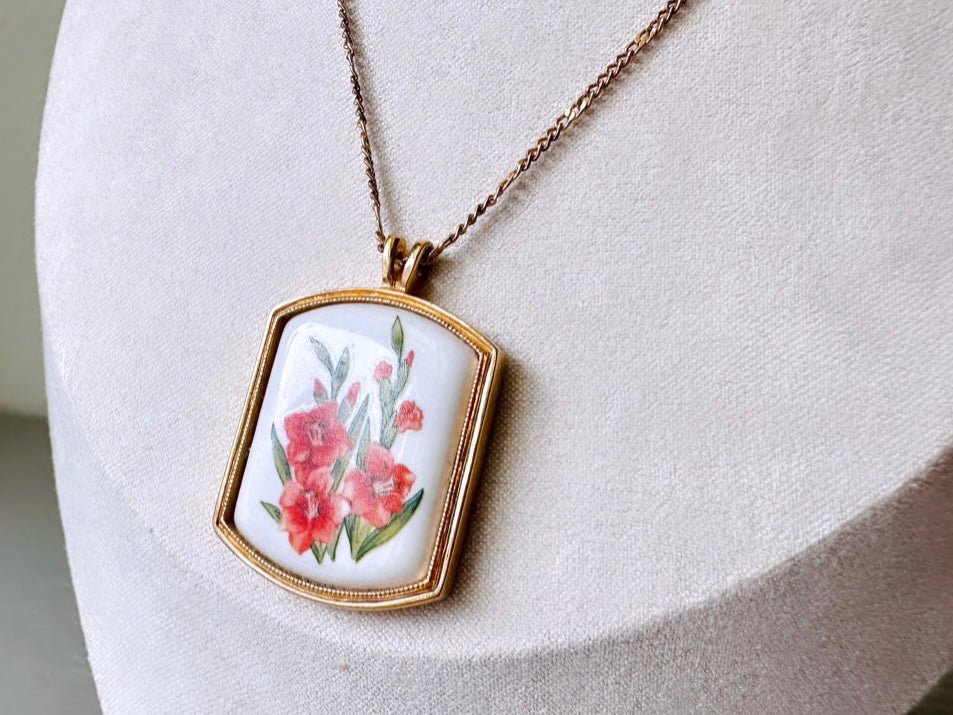 Peony Necklace, Hand-Painted Porcelain Pendant, Large Floral Necklace, Red retailer with Purple and Periwinkle