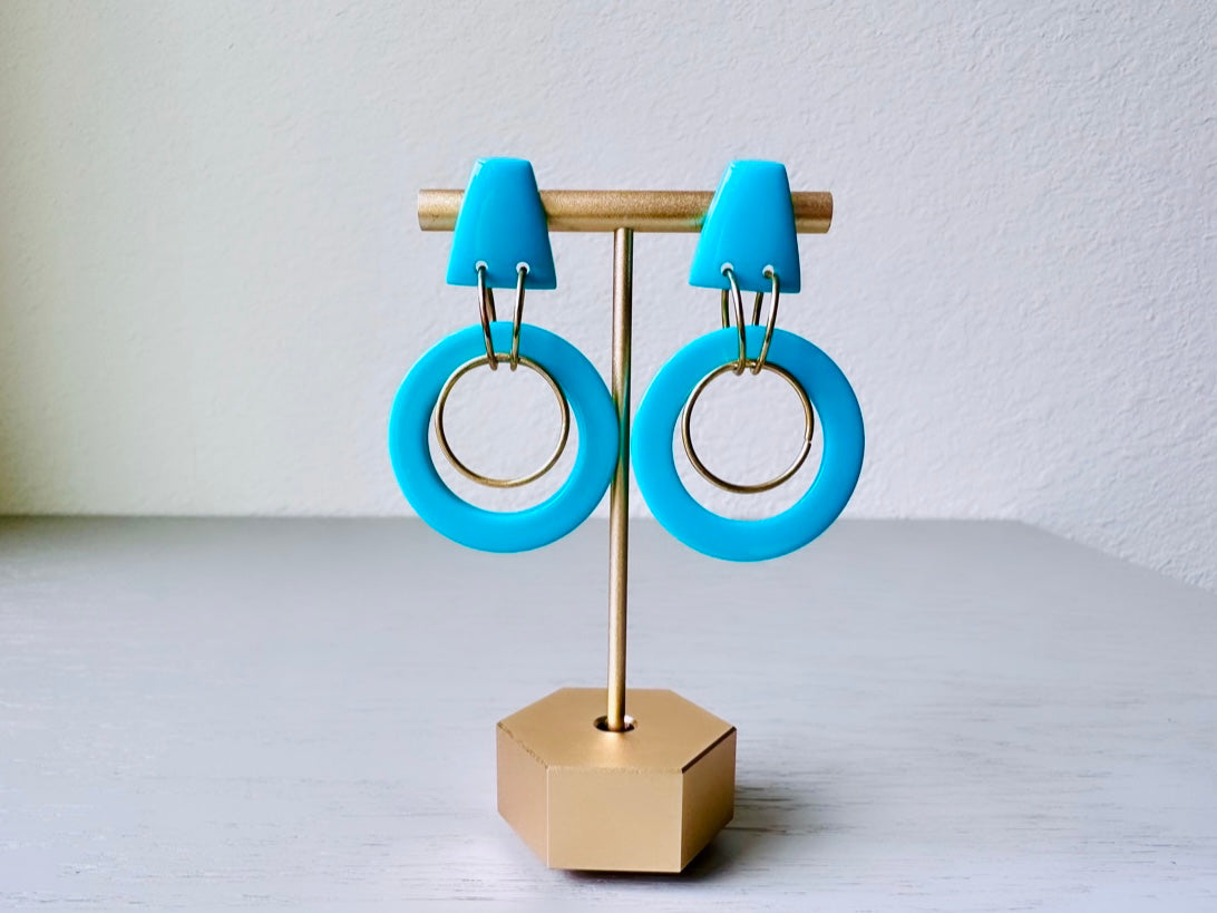 Turquoise Pierced Earrings, Midsized Funky 80s Earrings, Retro Earrings, Teal and Gold Wire Geometric Circle Vintage Dangle Earrings