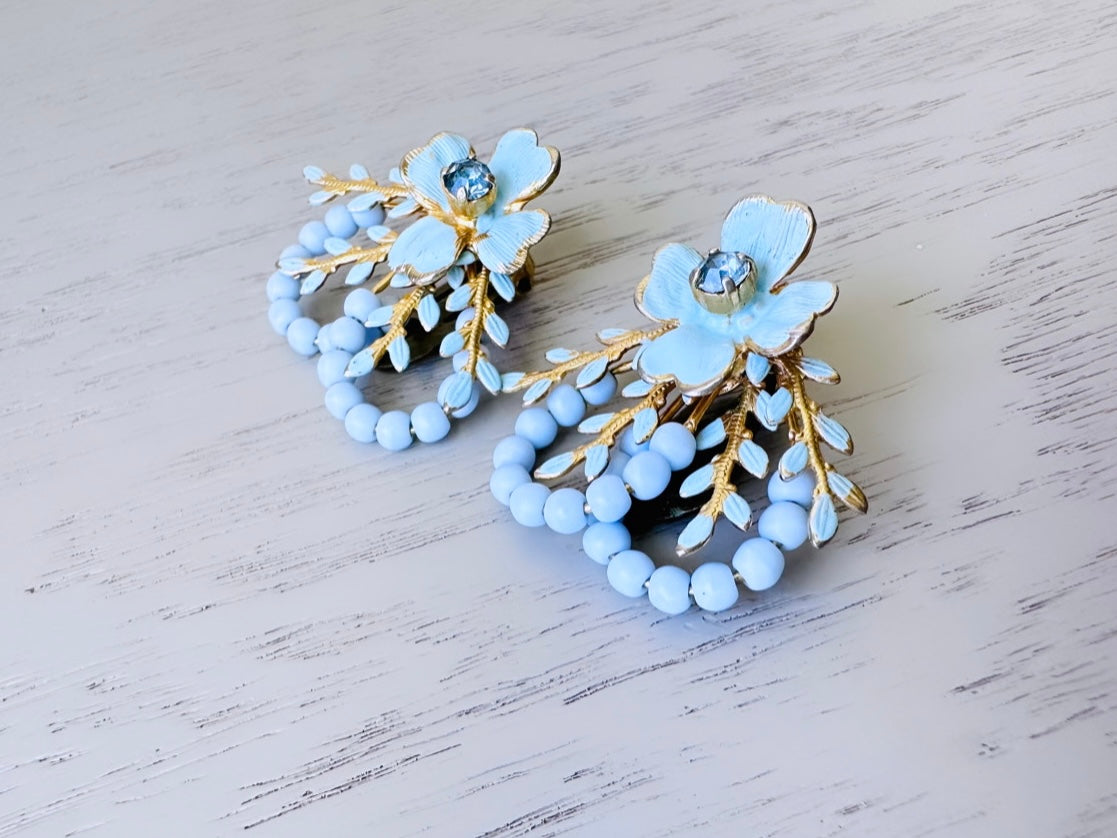 1960's Baby Blue Vintage Earrings, Light Blue Beaded Rhinestone and Enamel Earrings, Vintage 1960's Bridal Blue Flower Leaf Clip On Earrings