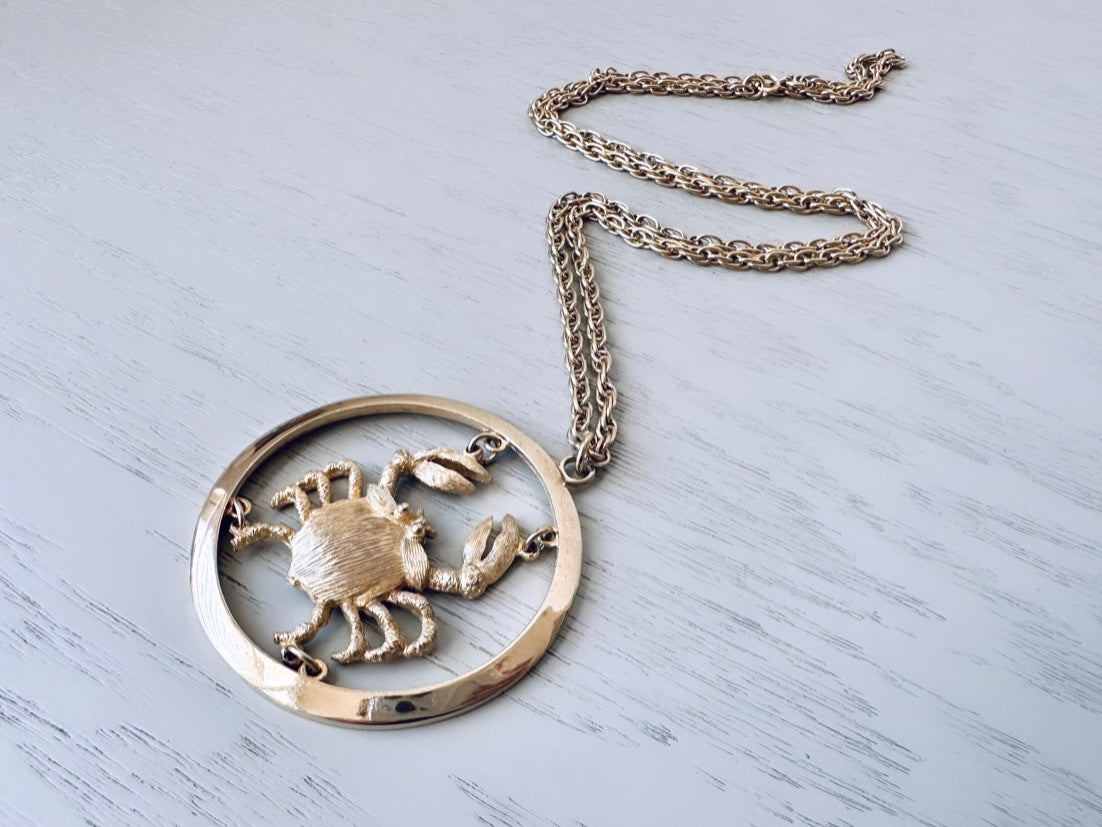 Vintage Zodiac Necklace, Star Sign Cancer Astrology Necklace, Unique Birthday Necklace, 30" Long Gold Vintage Astrology Pendant Necklace
