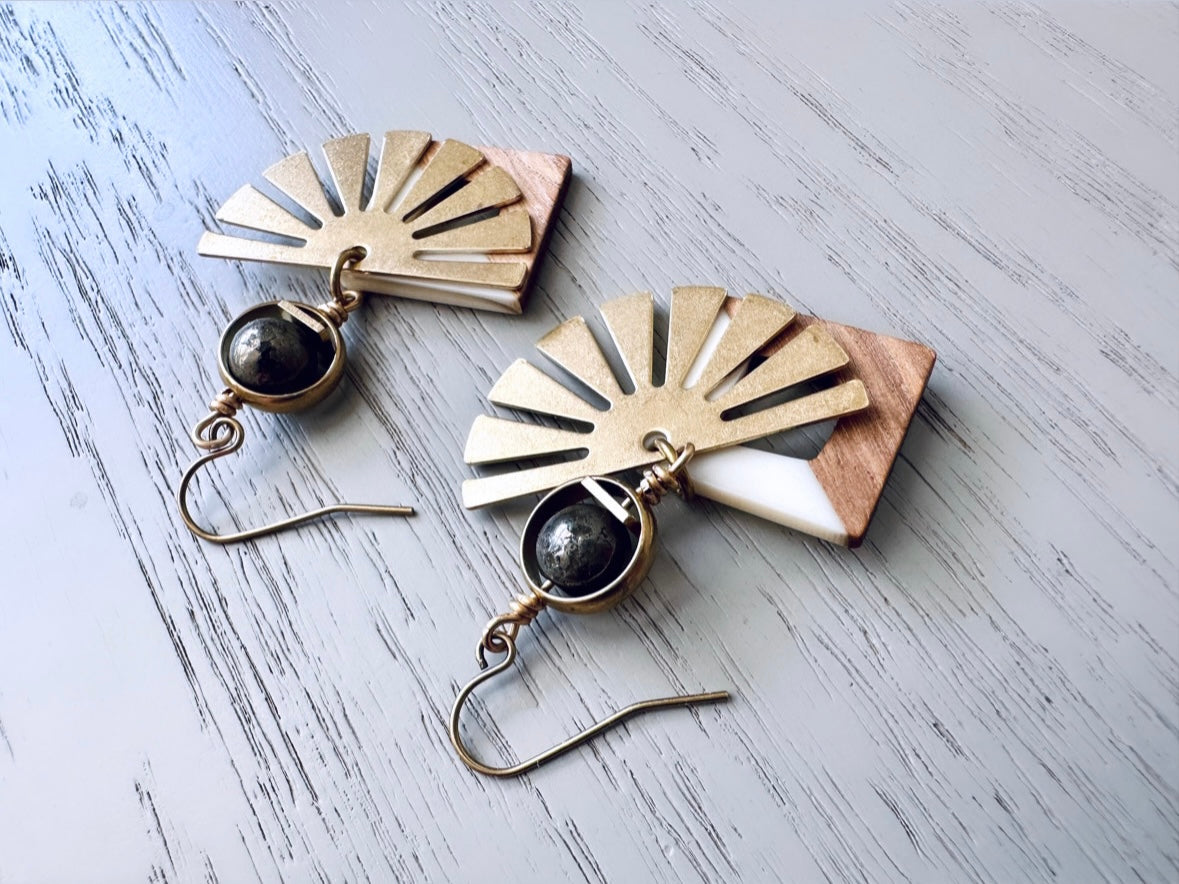 Handmade Wire Wrapped Earring, Raw Brass and Pyrite Dangle Earrings with Wood and Resin Pendants and Brass Sun Charm, Unique Handmade Gifts