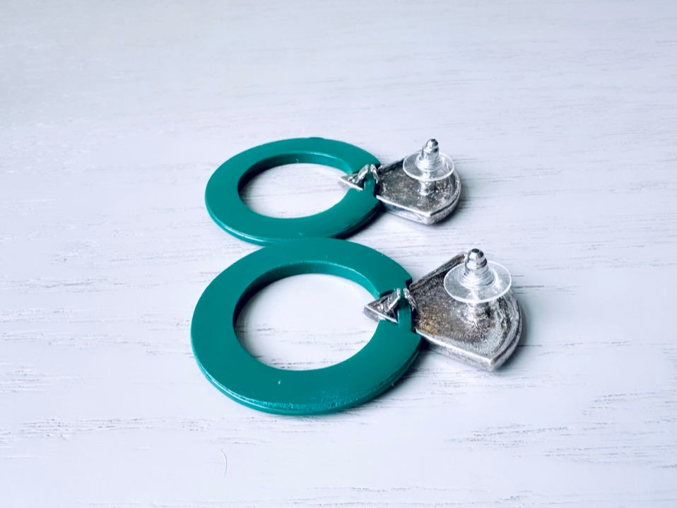 1980s Dark Green Acrylic Hoop Earrings with Antique Silver Triangle Post from Piggle and Pop