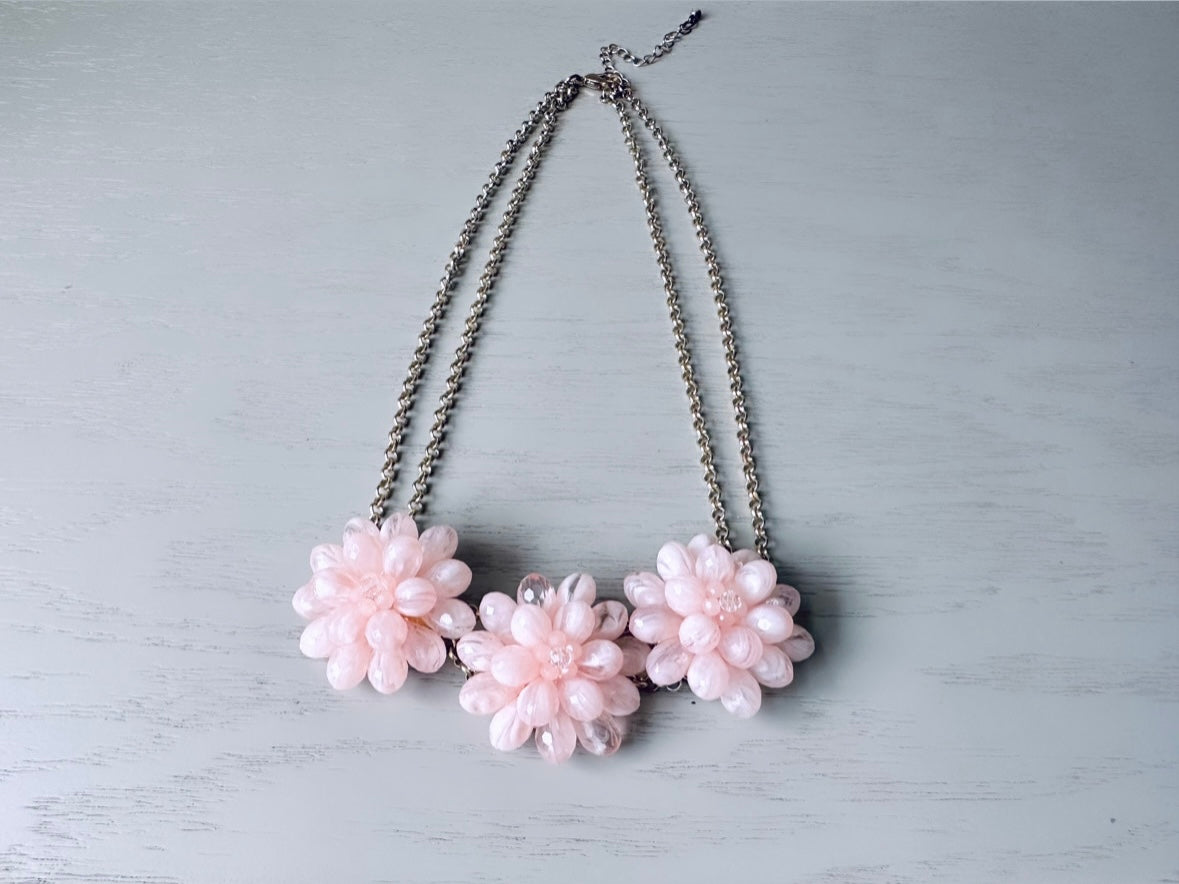 Vintage Pink Beaded Flower Cluster Necklace, Light Pink Chunky Statement Necklace, Whimsical Romantic Cotton Candy Necklace