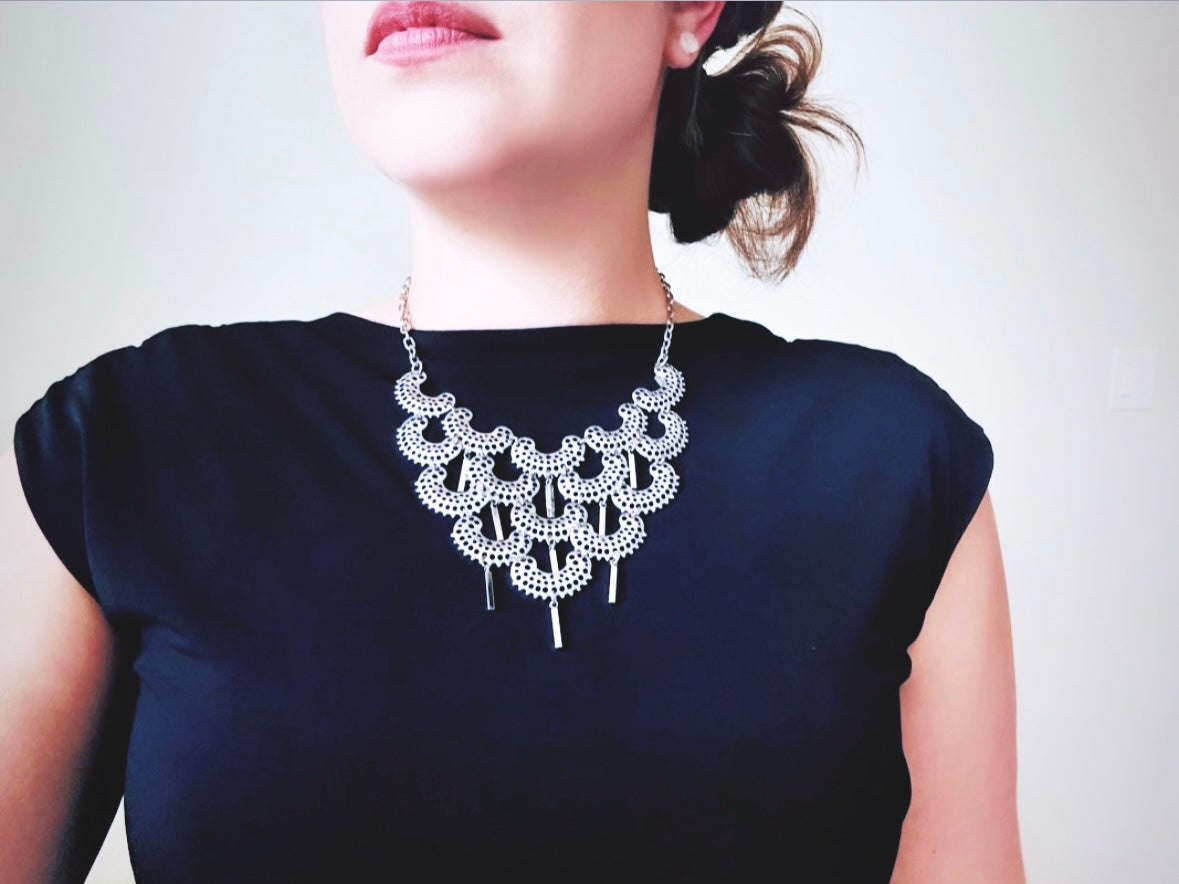 Bethan Jayne modeling 1973 Sarah Coventry Charisma Silver Bib Necklace from Piggle and Pop
