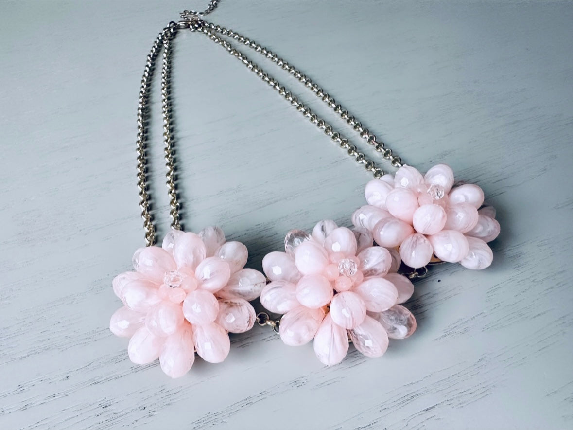 Vintage Pink Beaded Flower Cluster Necklace, Light Pink Chunky Statement Necklace, Whimsical Romantic Cotton Candy Necklace