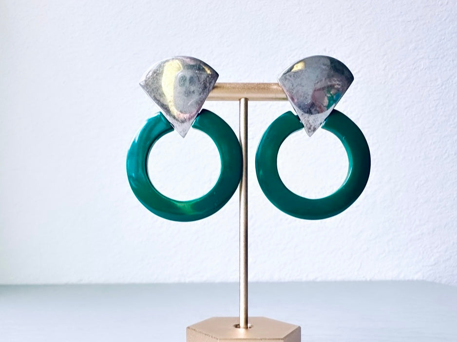 1980s Dark Green Acrylic Hoop Earrings with Antique Silver Triangle Post from Piggle and Pop