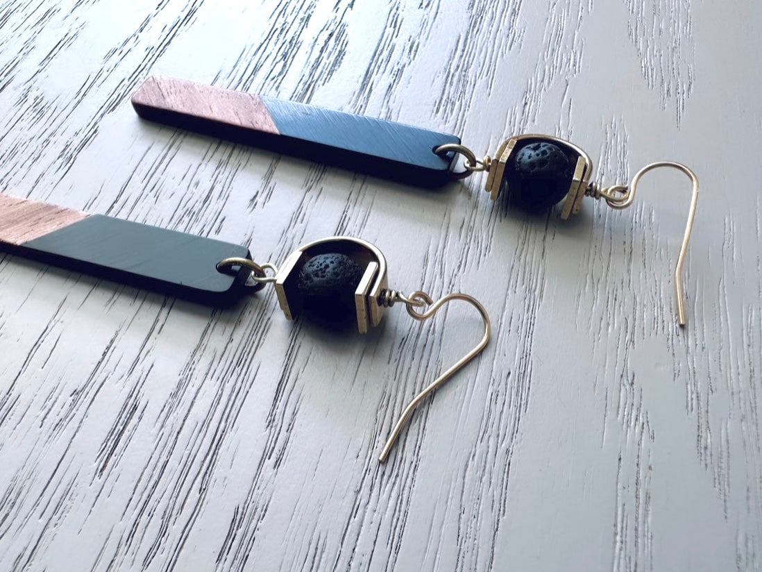 Black Lava Drop Earrings, Handmade Wire Wrapped Earring, Raw Brass, Wood and Resin Dangle Earrings, Mixed Textile Unique Handmade Gifts