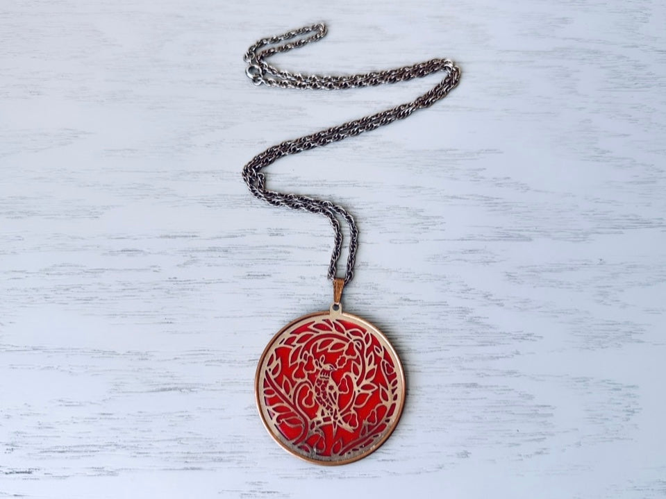 Red Partridge in a Pear Tree Copper Cut Out Medallion Necklace, 1978 Coppercraft Guild Christmas Partridge Pendant Necklace, Copper Pendant