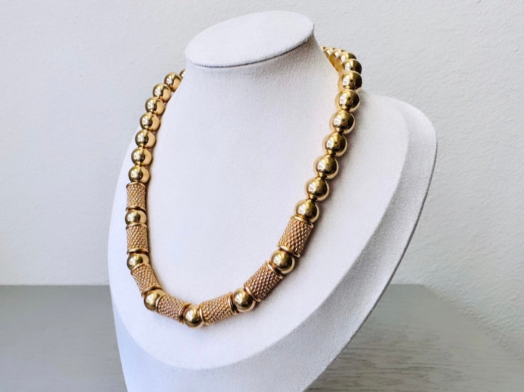 Vintage Napier Gold Beaded Necklace, 1980s Runway Couture Polished Gold Tone Textured Beads Designer Costume Jewelry Excellent Condition